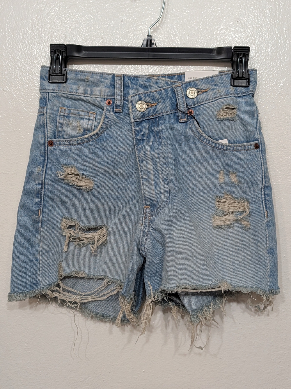 Zara Light Blue Distressed High-Rise Denim Shorts